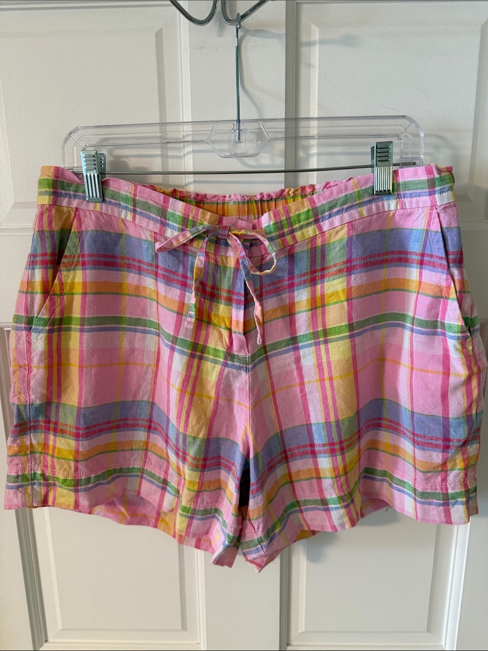 Tommy Bahama Boho Bliss 100% Linen Pink Pastel Plaid Shorts Preppy Vacation M